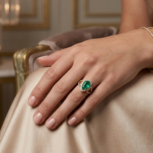 Load image into Gallery viewer, Colombian Pear Shaped Emerald & Diamond Ring in 18K Yellow Gold
