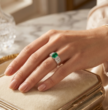 Load image into Gallery viewer, Emerald with Princess Cut Diamond Ladies Ring set in 14K White Gold
