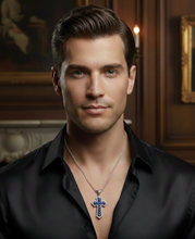 Load image into Gallery viewer, Cross with Blue Sapphire Pendant set in 14K White Gold
