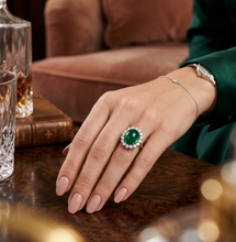 Load image into Gallery viewer, Oval Cabochon Lab Grown Emerald Ladies Ring set in 18K White Gold
