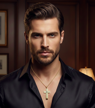 Load image into Gallery viewer, Cross Pendant with Onyx Center in 14K Yellow Gold

