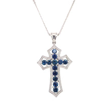 Load and play video in Gallery viewer, Cross with Blue Sapphire Pendant set in 14K White Gold
