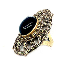 Load image into Gallery viewer, Sterling Silver Marcasite and Onyx Cocktail Ring
