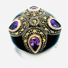 Load image into Gallery viewer, Sterling Silver Enamel and Marcasite Ring with Amythest
