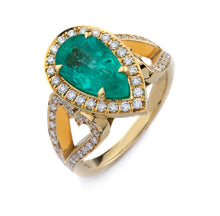 Load image into Gallery viewer, Colombian Pear Shaped Emerald &amp; Diamond Ring in 18K Yellow Gold
